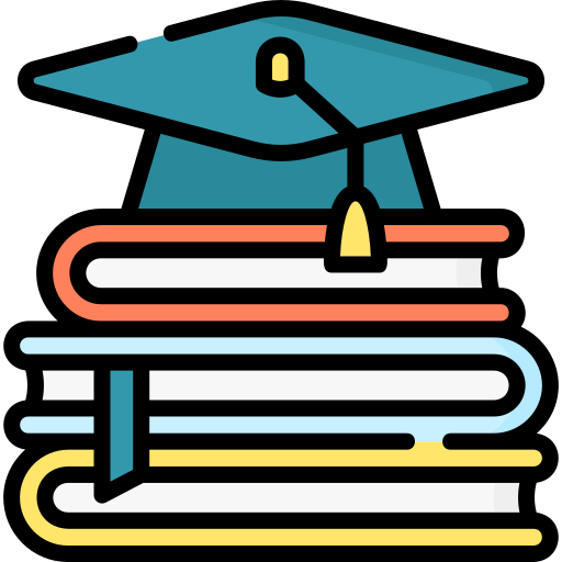 illustration for education: a stack of 3 books and a graduation hat on top