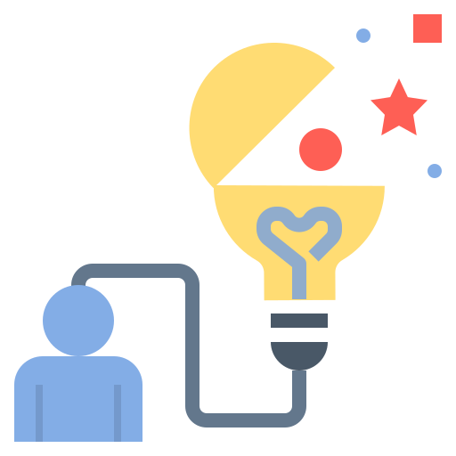 illustration for imagination: a lightbulb is attached to a person's head and filled with new ideas, illustrated by little icons of different shapes