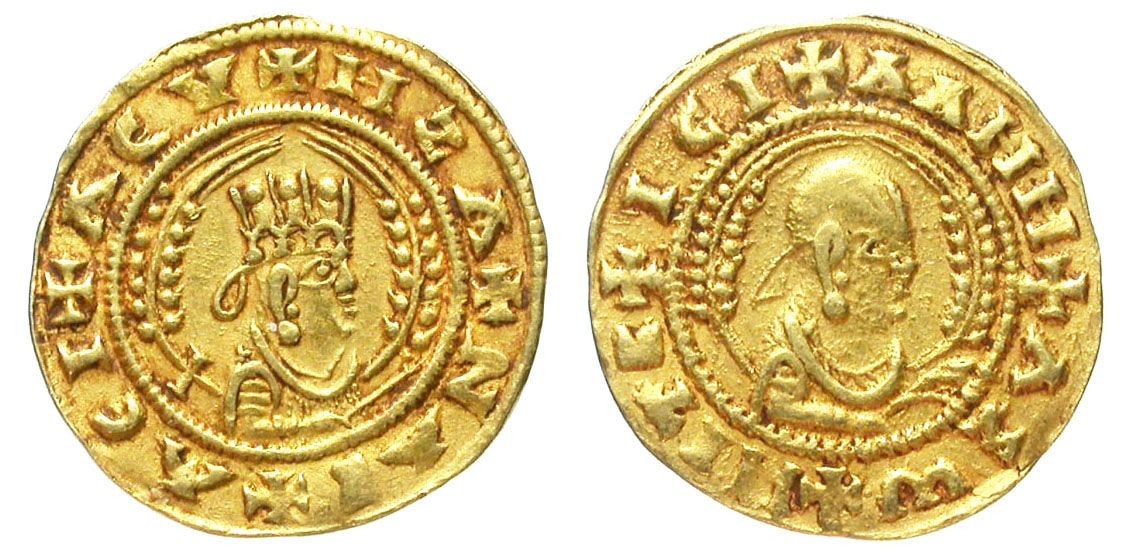 Vorder- und Rückseite einer Goldmünze des Axum Reichs
