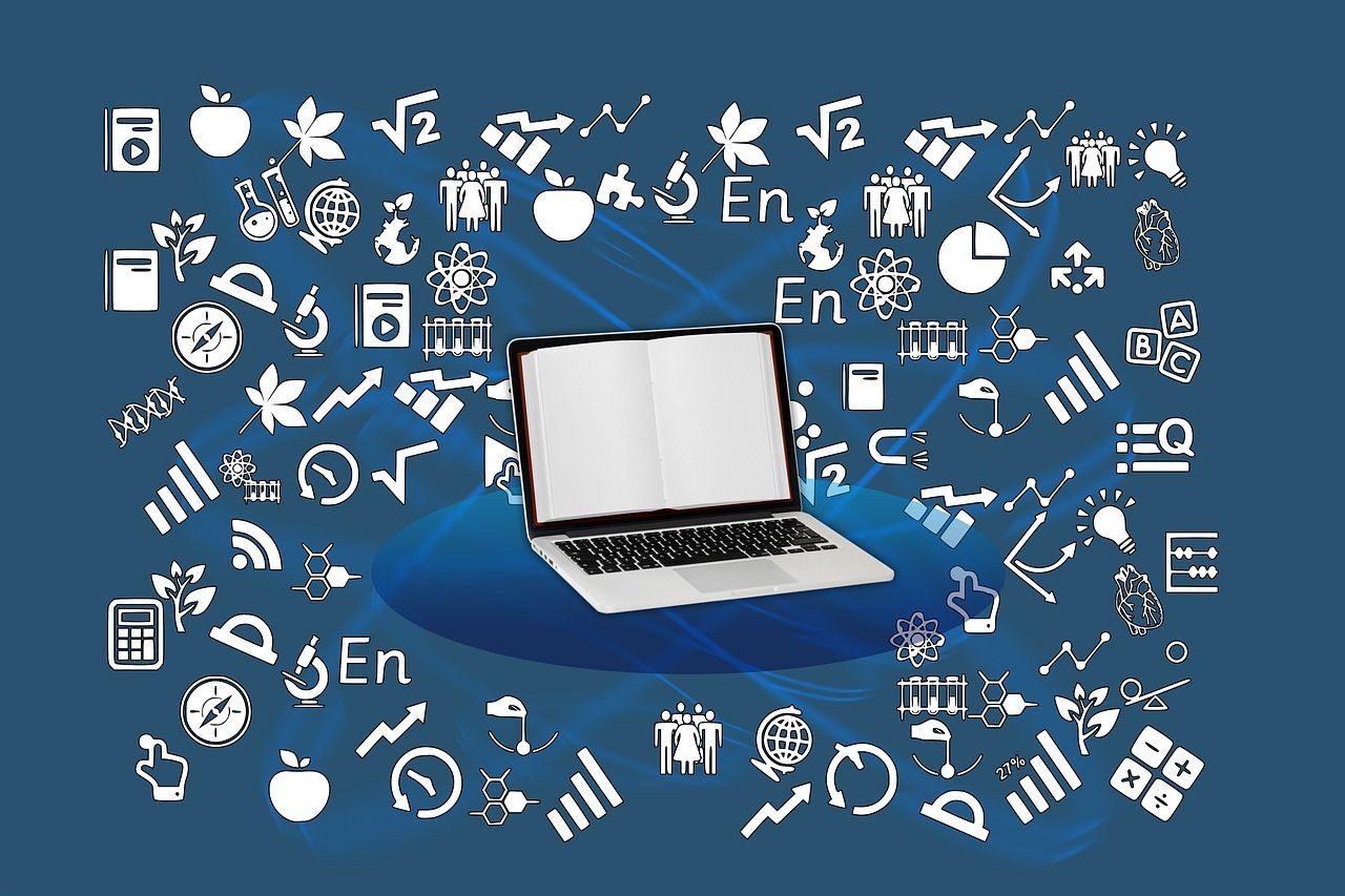illustration for e-learning, laptop and symbols for science