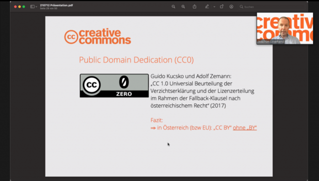 Screenshot mit Folie zu CC 0 und dem Vortragenden