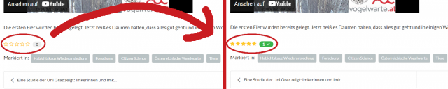 Linke Hälfte: Screenshot von einem Beitrag. Am Ende des Beitrags ist rot umrahmt die Möglichkeit gekennzeichnet, Beiträge zu bewerten (4 gelb umrahmte Sterne, daneben ein graues Feld mit Anzahl der schon vorhandenen Bewertungen). Rechte Hälfte: Selber Screenshot nach Klicken der Sterne, die Bewertung ist wieder rot umrahmt. Die Sterne sind nun ganz gelb ausgefüllt und die Anzahl der Bewertungen daneben ist in Grün hervorgehoben und um eins erhöht.